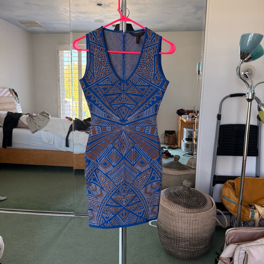 BCBGMaxAzria Geometric Blue and Brown Bodycon Dress